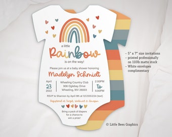 Boho Rainbow Baby Shower Invitation, Printed invitations, Gender Neutral Invite, Bohemian Sprinkle Invite, Muted Tones, Bodysuit shaped