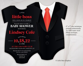 Black Tie Baby Shower invitation, Little Boss Invitation, Tuxedo Invite, Boy Baby Shower, Die Cut shaped, suit & tie invitation, red tie