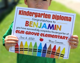 Diploma de kindergarten editable, certificado de graduación, signo escolar personalizado, signo imprimible, signo 8x10, plantilla de posgrado de kindergarten