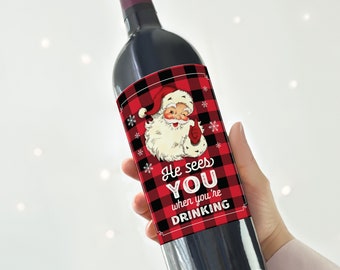 Etiqueta de vino de Navidad imprimible, etiqueta vintage divertida de Santa, pegatina de vino navideño, idea de regalo, te ve cuando estás bebiendo, descarga instantánea