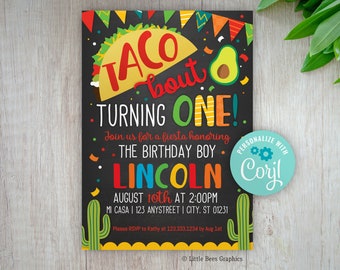 Editable Taco 1st Birthday Invite, Taco bout turning one, Fiesta Birthday, DIY Invitation template, Taco bout a party, Chalkboard, avocado