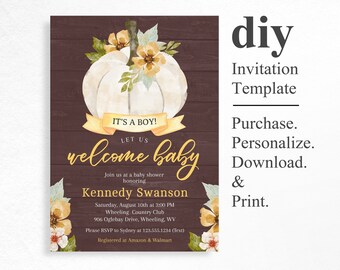 Pumpkin Baby Shower Invitation, Fall Theme Invites, Gender Neutral, INSTANT DOWNLOAD, Rustic Pumpkin, Editable Invitation