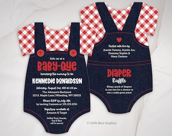 Baby-Que Invitation, Denim Overalls Baby shower, Printed invitation set, BBQ themed Invite, Bodysuit shaped invite, Picnic style invitations