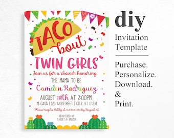 Editable Taco Baby Shower Invitation, Taco bout twins, Fiesta invite, DIY Invitation, Twin Girl Invitation, INSTANT DOWNLOAD