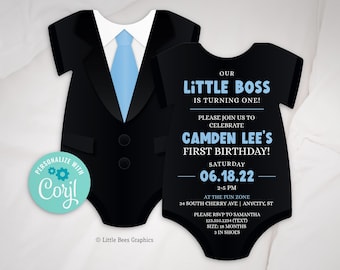 Editable Little Boss Invitation, Tuxedo Birthday Invite template, First Birthday Boy Invitation, Suit and Tie card, Corjl template