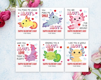 Axolotl Valentine cards, 6 different cards, Amphibian themed School Valentine, Printable Kids Valentine's Day Card, Classroom exchange