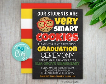 Invitación de graduación de ceremonia de jardín de infantes editable, invitación de graduación de preescolar de galleta inteligente, plantilla de graduación de escuela primaria, PreK