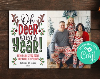 2021 Christmas Card funny, Oh deer what a year, Editable holiday card, reindeer Christmas card, 5x7 template, digital download, corjl