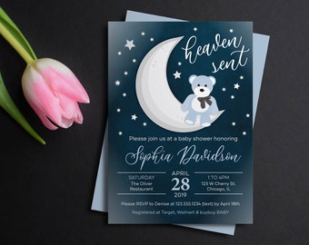 Heaven sent invitation, Moon Baby Shower Invitation, Printable Invitation, Twinkle Star invite, Bear & Moon Invite