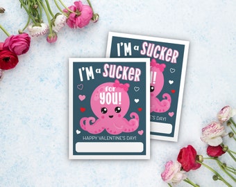 Octopus Valentine card, Ocean themed School Valentine, I'm a sucker for you, Printable Valentine's Day Card, Classroom exchange Valentine