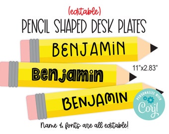 Editable Pencil Desk Plate template, Welcome Back to School name plates, personalized name tags, Printable Pencil theme classroom, Corjl