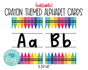Editable Alphabet Poster template, Crayon Classroom Decor, ABC Banner for classroom, Printable alphabet pennant, alphabet cards, Corjl