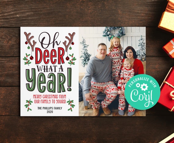 2025 Christmas Card funny, Oh deer what a year, Editable holiday card, reindeer Christmas card, 5x7 template, digital download, corjl