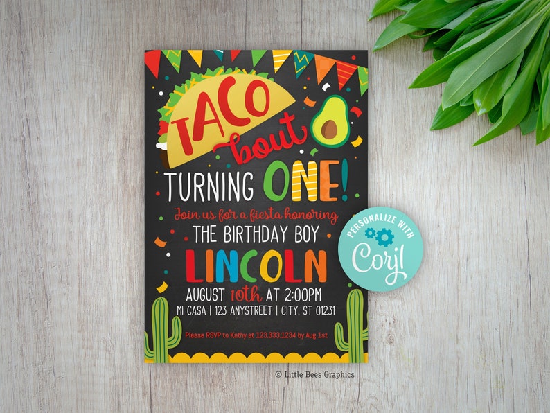Editable Taco 1st Birthday Invite, Taco bout turning one, Fiesta Birthday, DIY Invitation template, Taco bout a party, Chalkboard, avocado image 1