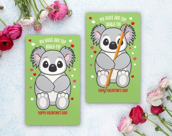 Koala Bear Valentine card, Pencil Lollipop hugger card, Classroom Valentine exchange, kids School Valentine, Print at home, printable