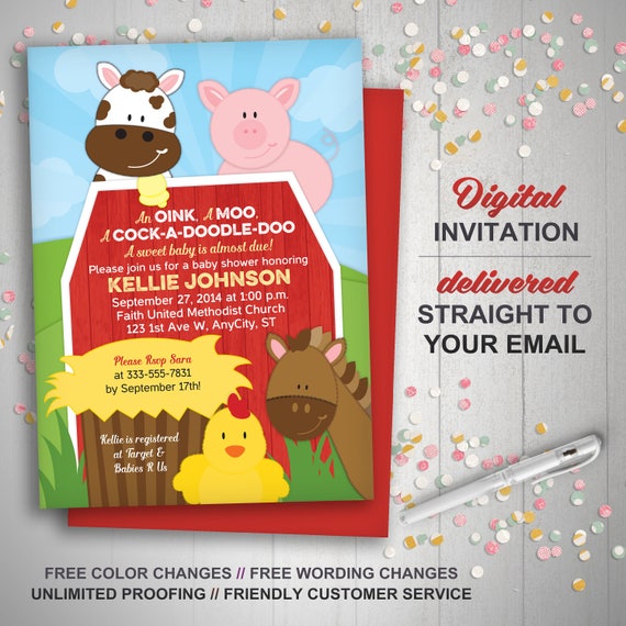 Barnyard Baby Shower Invitation Farm Animal Invite Birthday Cow Printed Invitations Printable