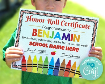 Editable Honor Roll Certificate, Achievement Award template, personalized school sign, Printable sign, teacher resource, Awards Assembly