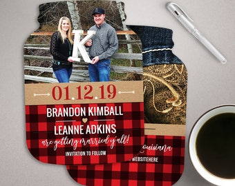 Plaid Save the Date Cards, Southern Themed Mason Jar shaped cards, Buffalo Plaid Photo Save the dates, y'all - 10 die cut printed cards