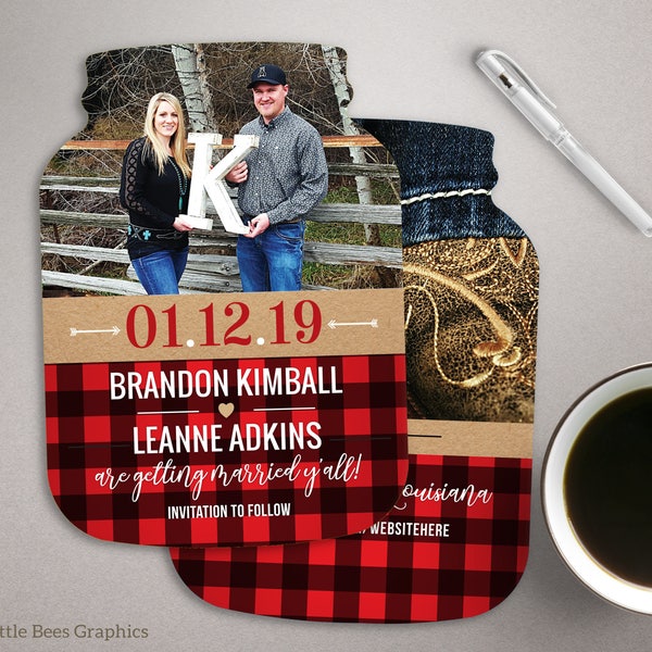 Plaid Save the Date Cards, Southern Themed Mason Jar shaped cards, Buffalo Plaid Photo Save the dates, y'all - 10 die cut printed cards