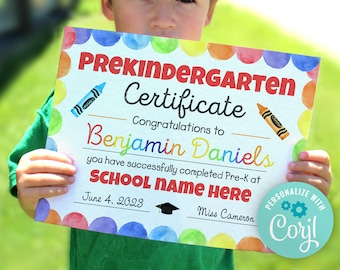 Editable PreKindergarten Diploma template, Graduation Certificate printable, personalized school sign, teacher resource, PreK preschool grad