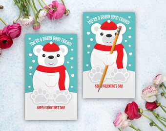 Tarjeta de San Valentín del Oso Polar, tarjeta abrazadora de Lollipop de lápiz, intercambio de San Valentín en el aula, San Valentín de la escuela para niños, Imprimir en casa, imprimible