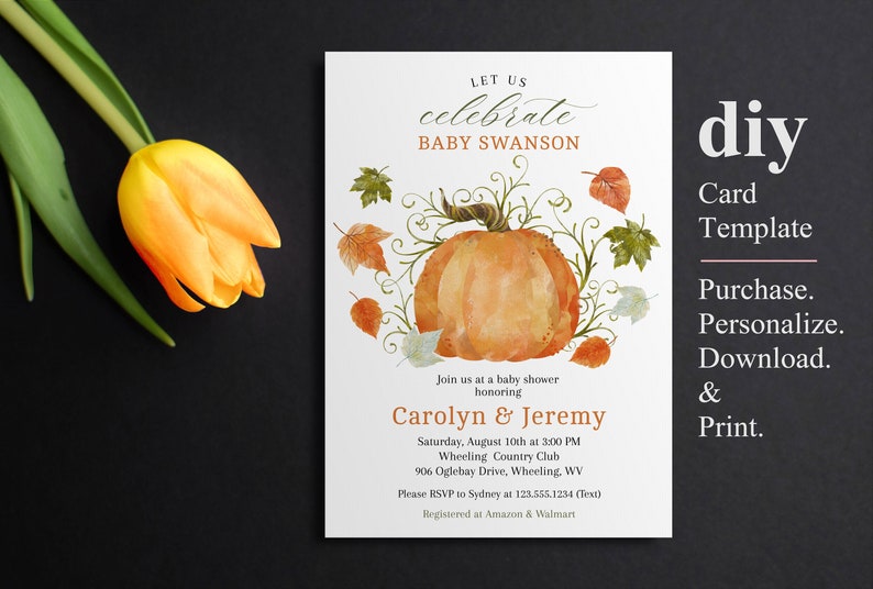 Editable Pumpkin Invitation, Autumn Baby Shower Invitation, Fall Theme Invites, INSTANT DOWNLOAD, Pumpkin baby shower 画像 1