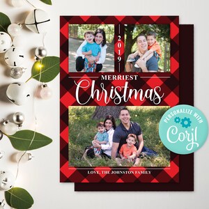 May include: A red and black buffalo plaid Christmas card with a family photo collage. The card says "Merriest Christmas" and "Love, The Johnston Family".