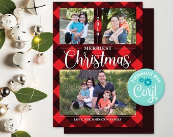 2022 Christmas card template, 3 picture card, Buffalo Plaid Card, Editable Christmas Card, Blessed Christmas, Instant download, holiday card