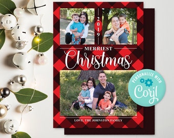 2024 Christmas card template, 3 picture card, Buffalo Plaid Card, Editable Christmas Card, Blessed Christmas, Instant download, holiday card
