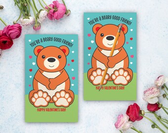 Brown Bear Valentine card, Pencil Lollipop hugger card, Classroom Valentine exchange, kids School Valentine, Print at home, printable