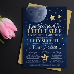 Moon & stars baby shower invitation, twinkle twinkle little star first birthday, Printable Invitation, Over the moon, Little Moon, Galaxy image 1