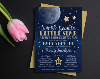 Moon & stars baby shower invitation, twinkle twinkle little star first birthday, Printable Invitation, Over the moon, Little Moon, Galaxy