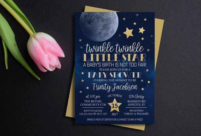 Moon & stars baby shower invitation, twinkle twinkle little star first birthday, Printable Invitation, Over the moon, Little Moon, Galaxy image 1