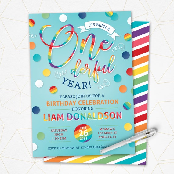 First Birthday Invitation Rainbow Onederful Year Invite Etsy