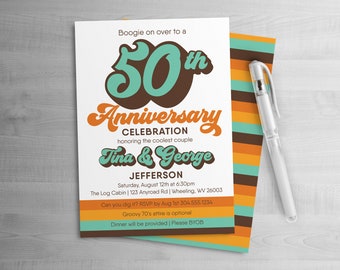 50th Anniversary Invite, Retro Anniversary party invitation, Seventies Themed Invite, 70s decade, groovy theme, printable invitation