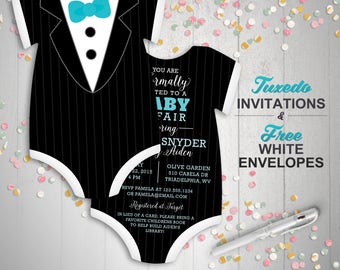 Baby Shower Invitations | Tuxedo Baby Shower Invitations | Boy Baby Shower | Black Tie invitation | Die Cut shaped | printed invitation set