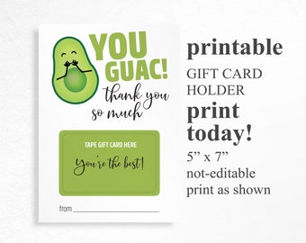 gift card holder printable, Avocado Thank you Card, You Guac card, INSTANT DOWNLOAD