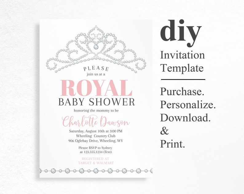 Princess Baby Shower Invitation Royal Theme Invites Girl Etsy