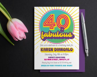 40 & Fabulous Birthday invitation, retro 40th Birthday Invite, Eighties Themed Party, 80s decade, rad theme, printable invitation