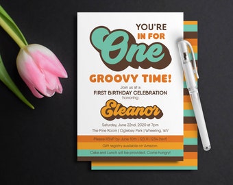 1st Birthday Invitation, One Groovy time, Retro First Birthday invitation, Seventies Themed Invite, groovy theme, printable invitation