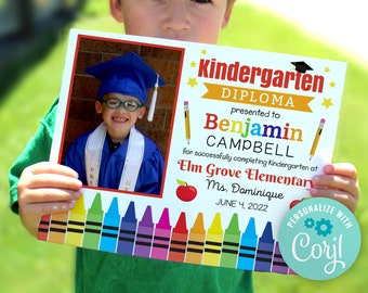 Editable Kindergarten Diploma with photo, Graduation Certificate, personalized school sign, Printable 8x10 sign, PreK grad template, Corjl