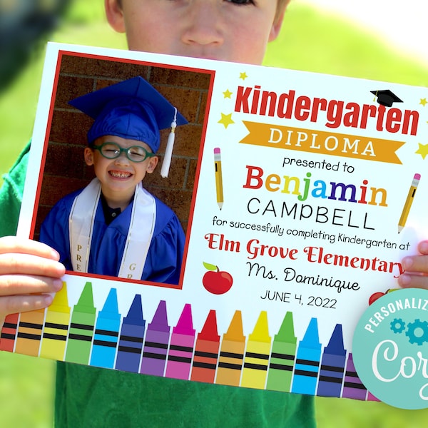 Bearbeitbares Kindergartendiplom mit Foto, Abschlusszertifikat, personalisiertes Schulschild, druckbares 8x10-Zeichen, PreK-Abschlussvorlage, Corjl