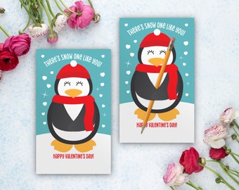Tarjeta de San Valentín Penguin, tarjeta abrazadora Pencil Lollipop, intercambio de San Valentín en el aula, San Valentín escolar para niños, Imprimir en casa, imprimible, nieve
