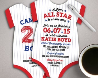 Baseball Invitations, All Star Baby Shower, coed invitations, baseball jersey invites, printed invitations, Sports baby shower invitations