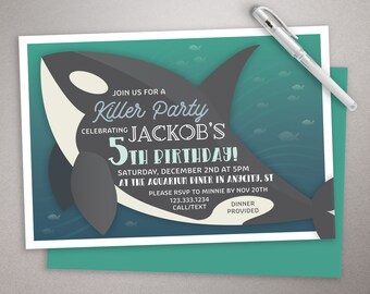 Killer Whale Birthday Invitation, Ocean Invitation, Boys Birthday, Printed Birthday Invitations, Orca invite, Aquarium party, cardstock