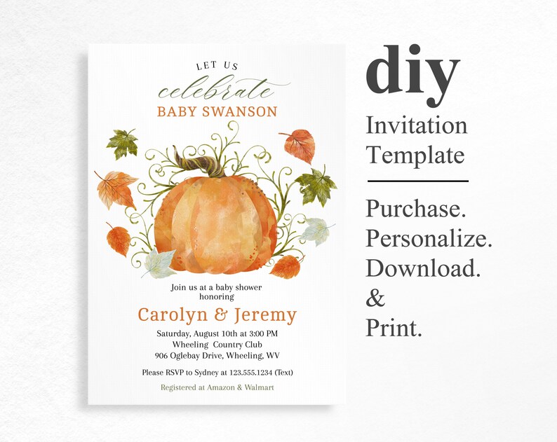 Editable Pumpkin Invitation, Autumn Baby Shower Invitation, Fall Theme Invites, INSTANT DOWNLOAD, Pumpkin baby shower 画像 2