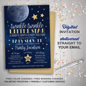 Moon & stars baby shower invitation, twinkle twinkle little star first birthday, Printable Invitation, Over the moon, Little Moon, Galaxy image 2