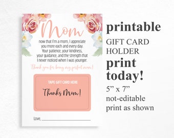 Mother's Day Gift Card holder, gift card holder printable, Mother's day thank you, Floral thank you, INSTANT DOWNLOAD