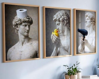 Set of 3 Funny Bathroom Poster: David Statue, Toilet Humor Wall Art (Digital Download)