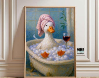 Relaxing Duck Bath Poster: Funny Bathroom Art, Oil Paint Style (Digital Download)